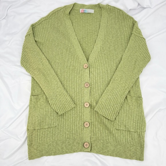 FP Beach Free People M Oversized Green Cotton Linen Rib Knit Longline Cardigan - Picture 5 of 7
